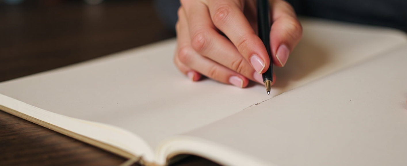 A hand writing in an open notebook